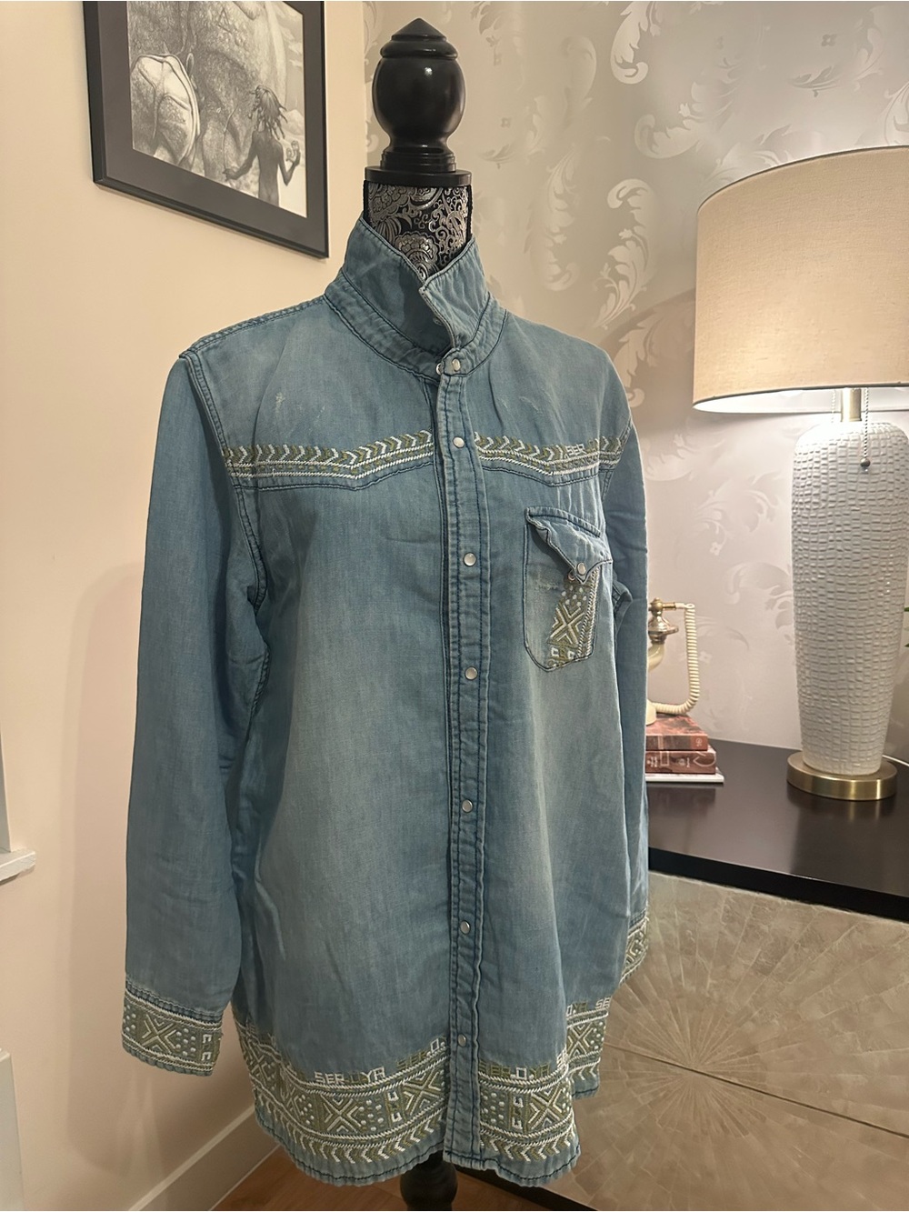 Embroidered Light Blue Denim Button-Down Shirt